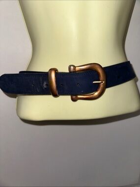 Vintage Express Jeans Navy Blue Suede Leather Belt with Antique Rose Gold Buckle